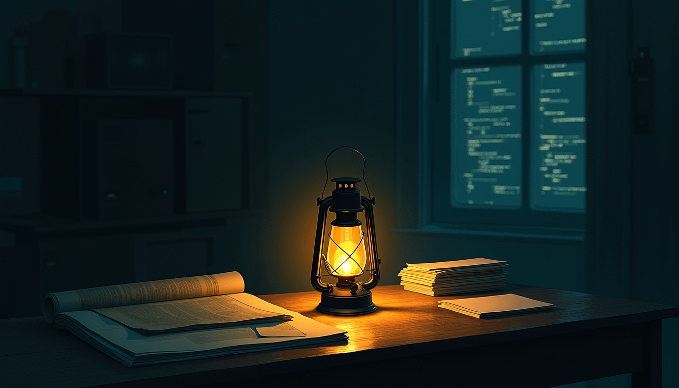 A single warm lantern glowing on a dark architect's desk at night, stacked papers catching the light, faint code on a screen through the window.