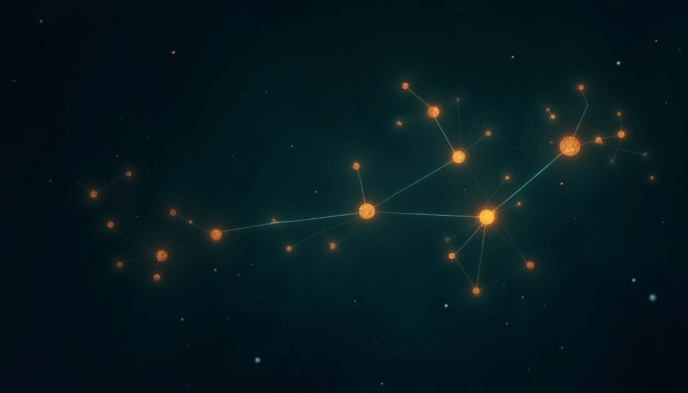 A constellation of small glowing amber notes connected by fine threads of teal light, like a knowledge graph seen in the dark.