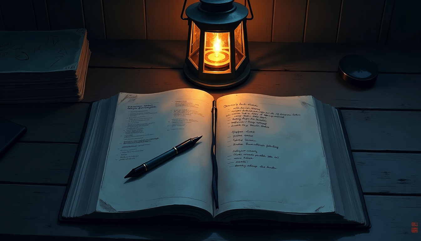An open notebook on a dark wooden desk at night, both pages catching the warm glow of a single amber lantern between them. One shared work, two pages, one light.