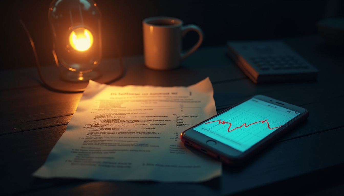 A paper blood-pressure form on a dark desk under warm amber light giving way to a glowing phone screen showing a clean rising trend chart, teal rim light, brushstroke texture and soft bloom.