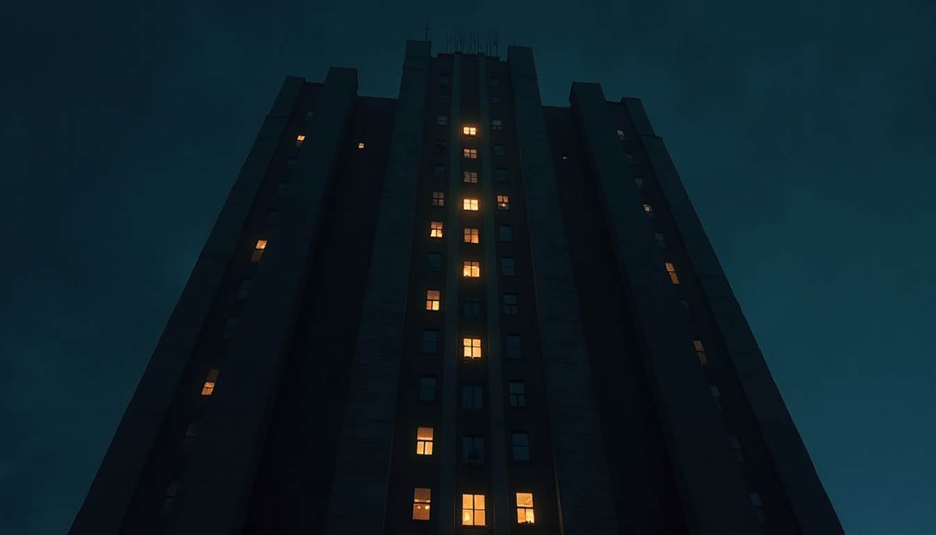 The dark facade of a tall building at night seen from below, with one narrow column of windows lit warm amber running up its center while every other window stays unlit, muted teal rim light along the concrete edges, brushstroke texture and soft bloom.