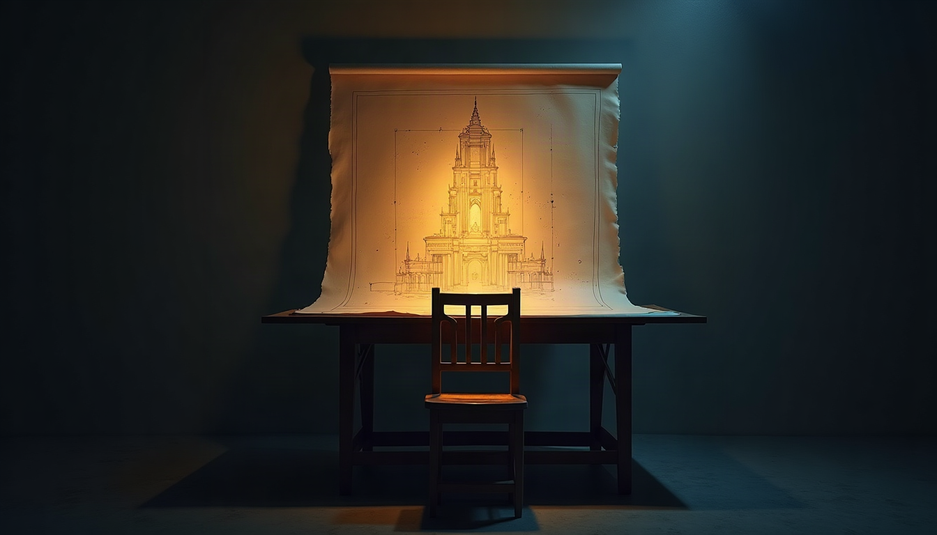 An empty wooden chair pulled back from a drafting table in a dark room, a large sheet of paper on the table holding a glowing amber drawing of a tall ornate building, the room around it in teal shadow.